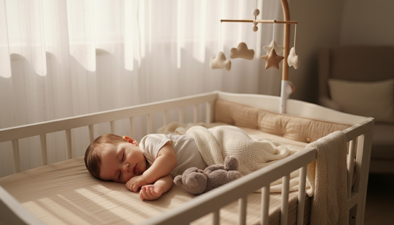 Ein schlafendes 10 Monate altes Baby liegt friedlich in einem Gitterbett in einem sanft beleuchteten Kinderzimmer – ein Bild für eine gesunde Schlaf- und Schläfchenroutine mit 10 Monaten.