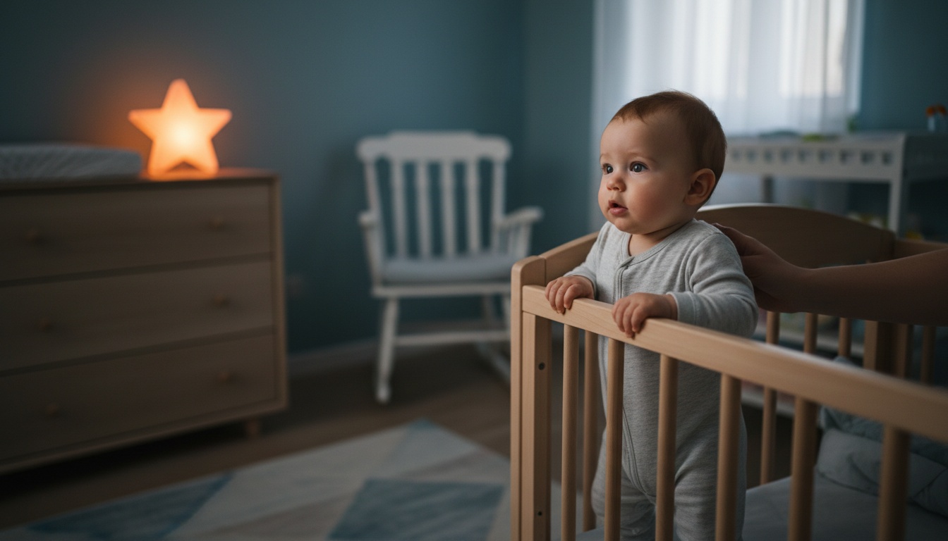Baby steht und hält sich am Gitterbett fest in einem abgedunkelten Kinderzimmer bei Nacht – ein Bild dafür, wie das Üben neuer motorischer Fähigkeiten den Schlaf mit 10 Monaten stört.