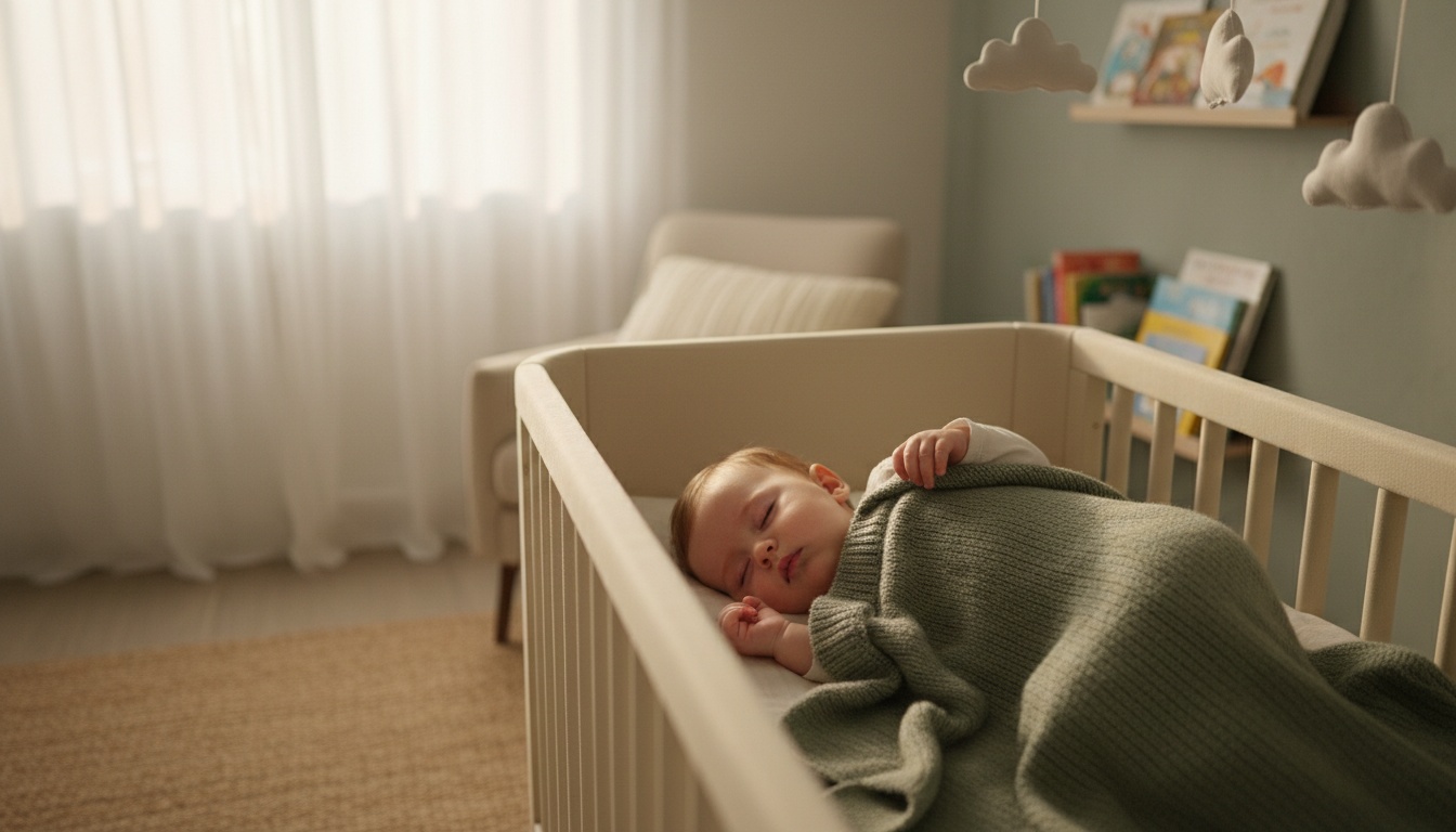 Baby around eleven months old sleeping peacefully in a crib with a soft blanket in a softly lit nursery at morning light