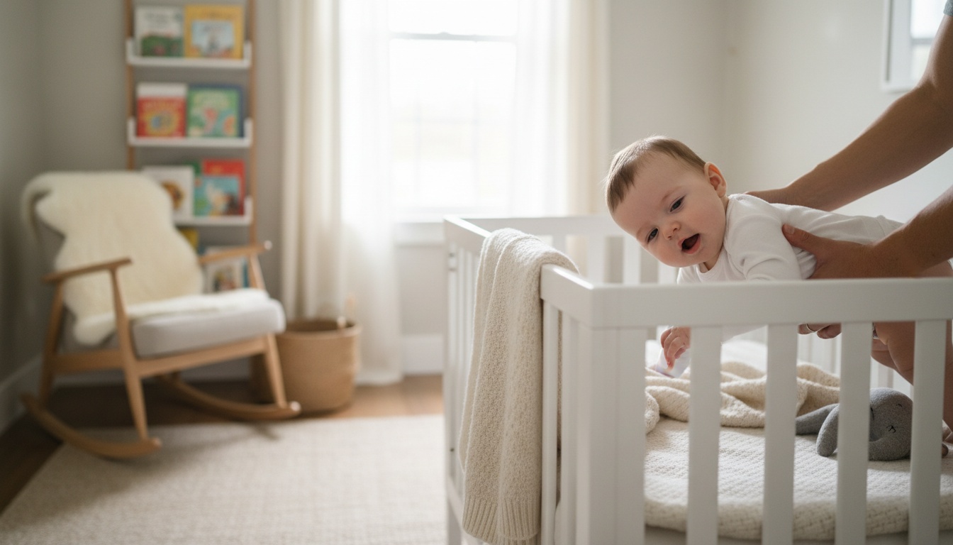 A parent gently laying an 11-month-old baby down for a midday nap in a softly lit bedroom, illustrating the transition from two naps to one.