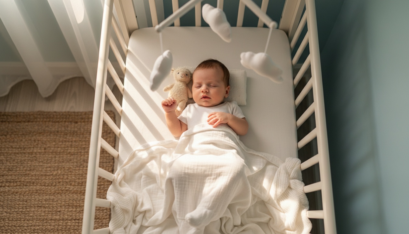 A peaceful 3-month-old baby sleeping soundly in a crib with soft white linens and gentle natural lighting in a calm nursery environment.