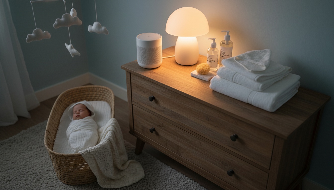 Peaceful nursery scene showing bedtime routine essentials including white noise machine, soft lighting, bath supplies, and massage oil arranged on a dresser.