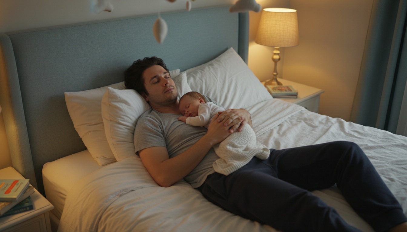 Tired parent cradling a peacefully sleeping infant in dim bedroom lighting, conveying nighttime parenting exhaustion and infant sleep challenges.