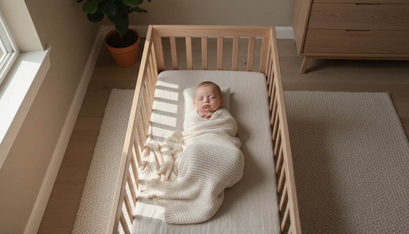 Peaceful sleeping baby in a crib with soft natural lighting streaming through a window, depicting gentle infant sleep practices.