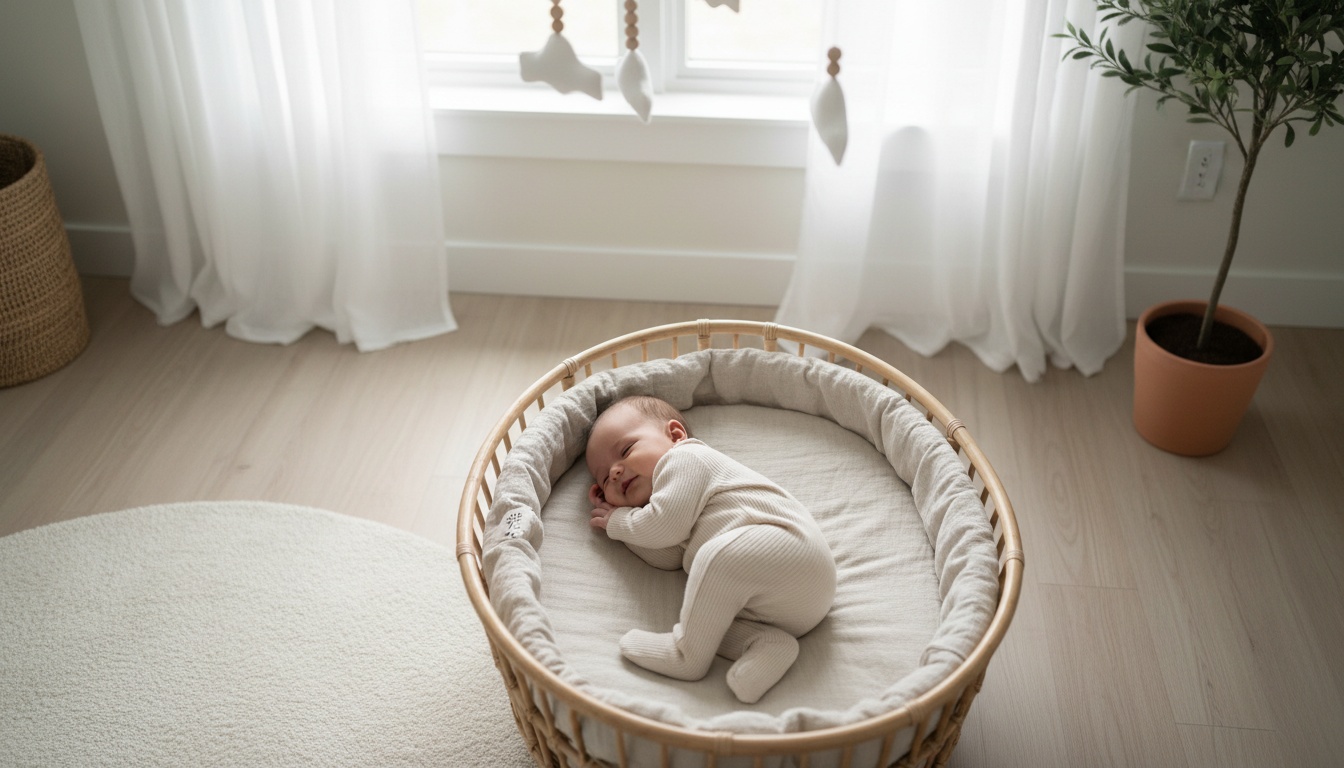 A sleeping 5-month-old infant in a sunlit nursery with soft bedding and gentle natural lighting, representing healthy infant sleep patterns and schedules.