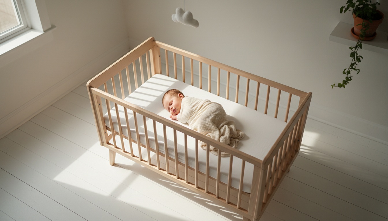 A peaceful 6-month-old baby sleeping deeply in a sunlit nursery crib with soft bedding and natural morning light creating a calm, restful atmosphere.