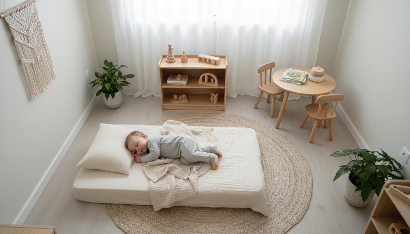Peaceful baby sleeping on a low floor bed in a calm, naturally-lit nursery room with wooden furniture and neutral decor.