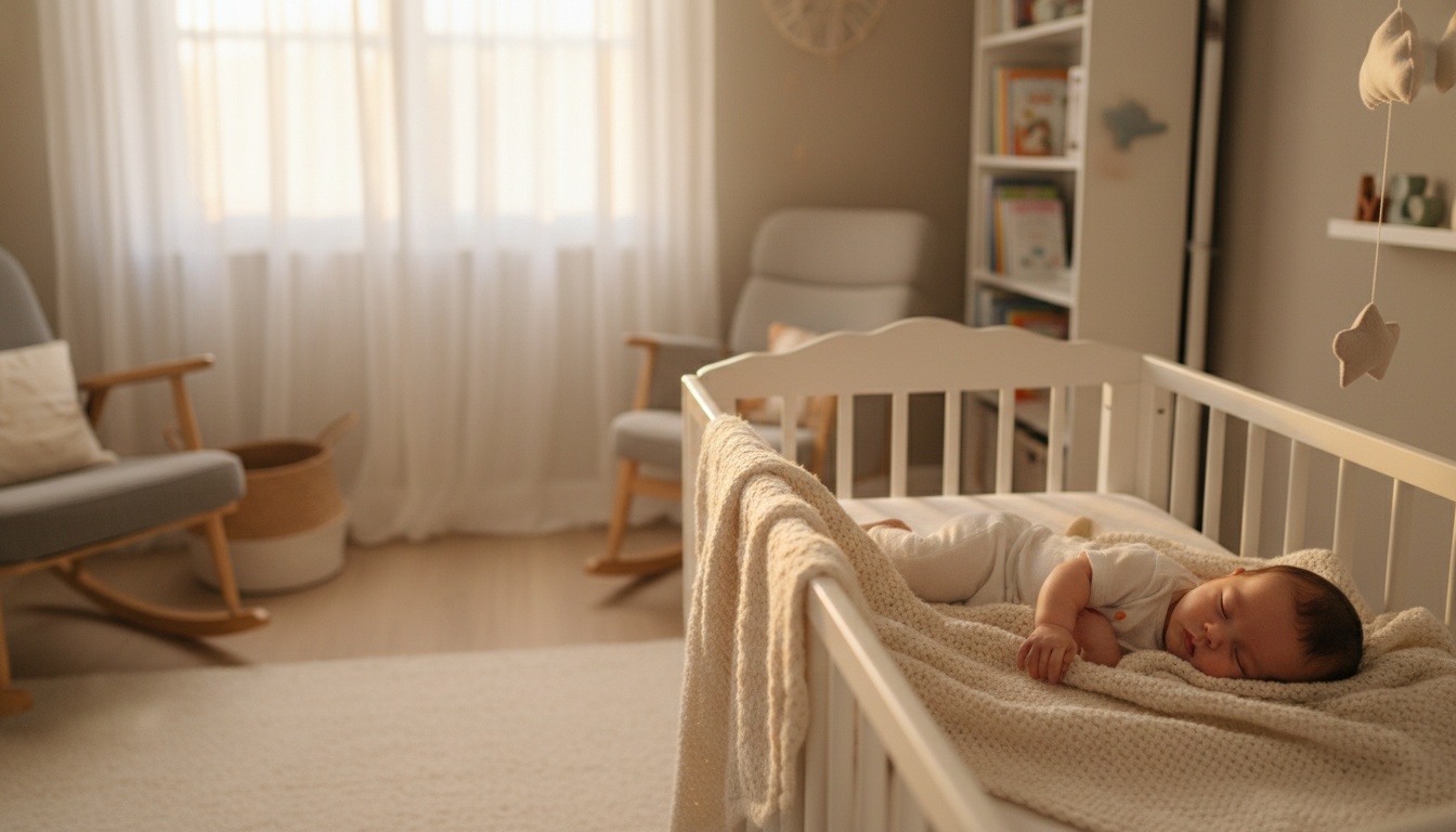 Soft morning light falls on a peacefully sleeping 8-month-old baby in a crib with a cozy knit blanket, illustrating a calm infant sleep routine.