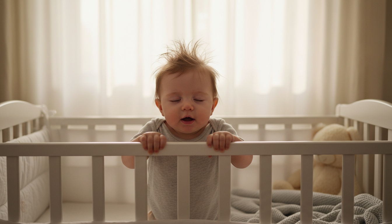 Neun Monate altes Baby zieht sich an den Gitterstäben eines gemütlichen Bettchens hoch, in einem sanft beleuchteten Kinderzimmer mit hellen Vorhängen
