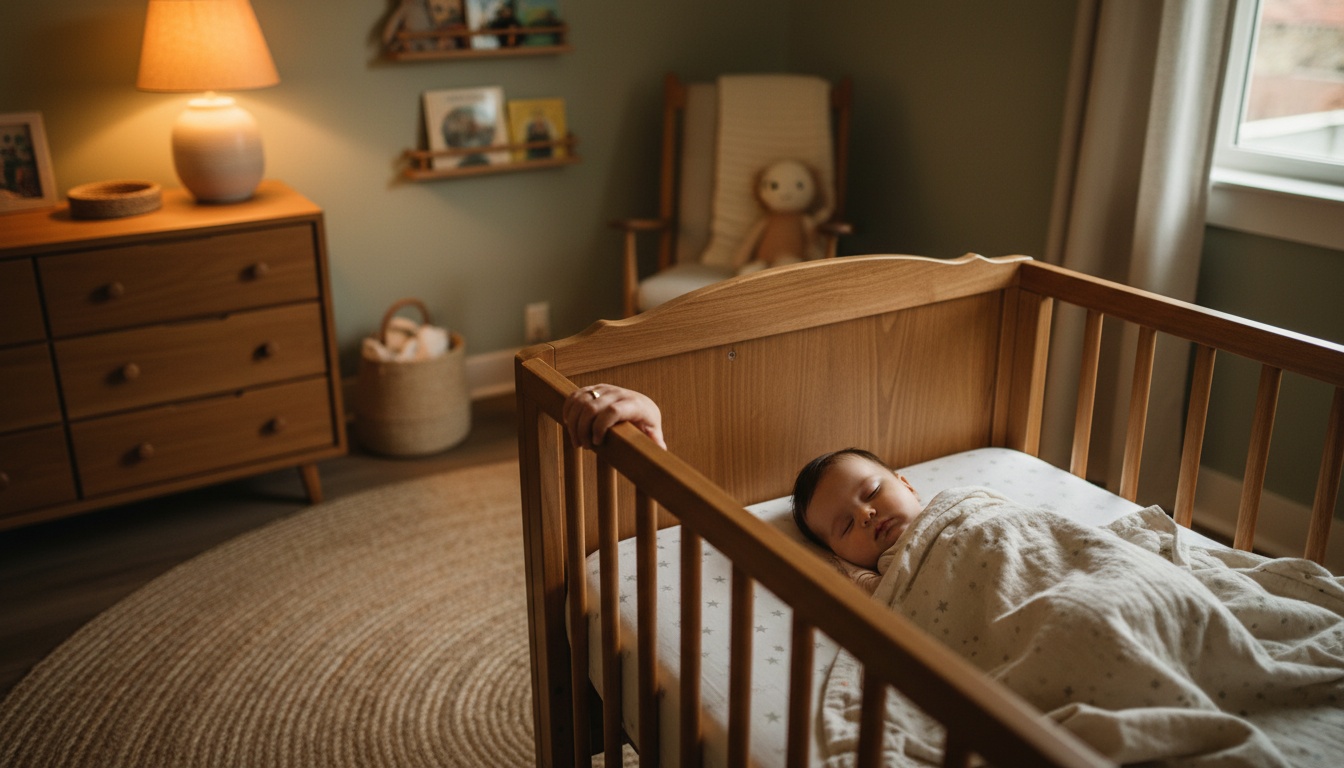 Schlafendes neun Monate altes Baby in einem Holzgitterbett in einem schwach beleuchteten Kinderzimmer in der Abenddämmerung, das eine ruhige Abendroutine zeigt.