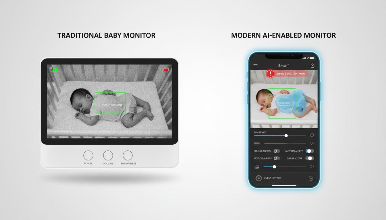 Side-by-side comparison of a traditional baby monitor and AI-powered monitor app showing detection alerts, rollover indicators, and sensitivity settings on a smartphone screen.