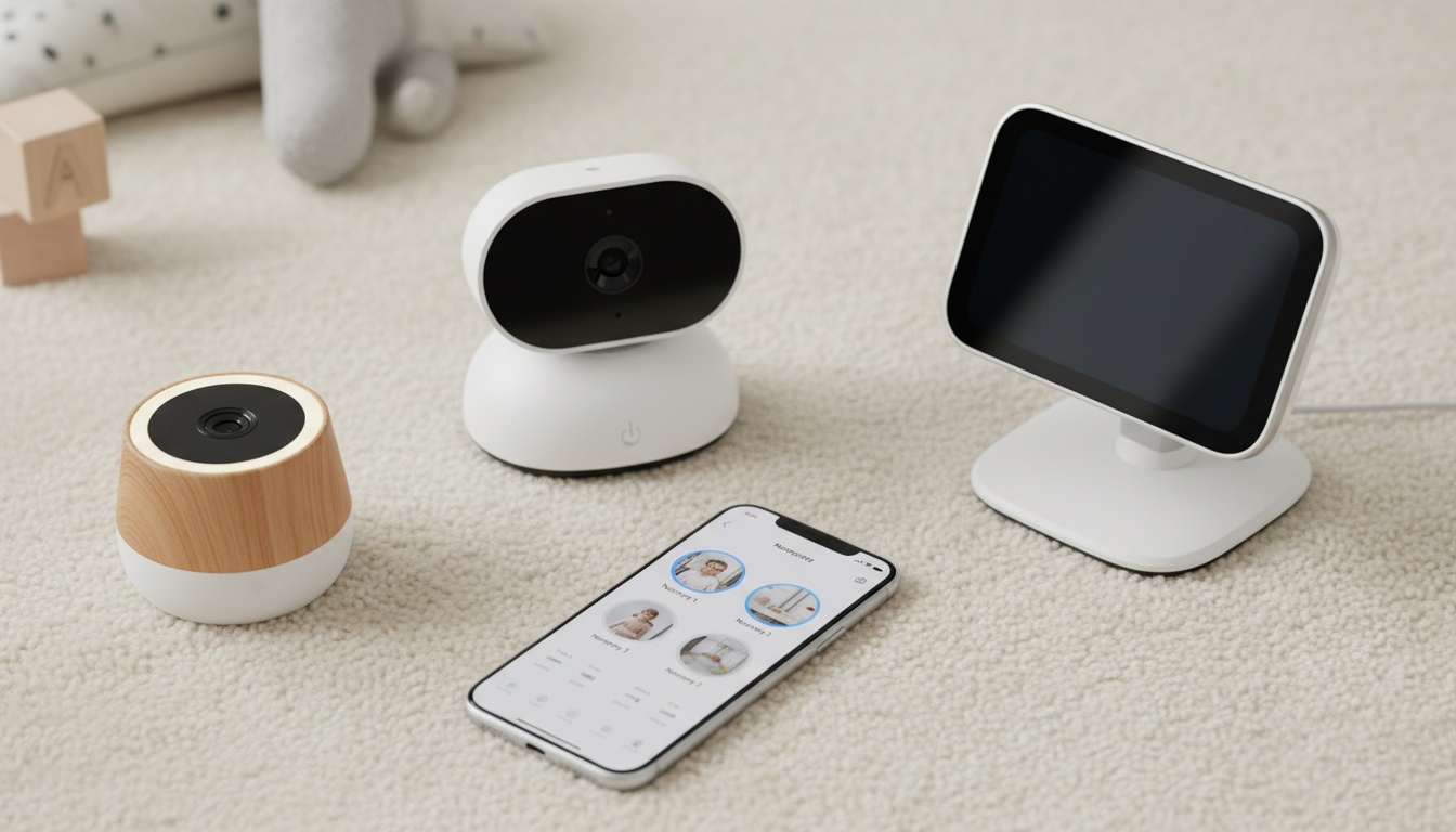 Multiple AI baby monitors displayed with smartphone app interface on neutral nursery background, showing modern smart home technology setup.