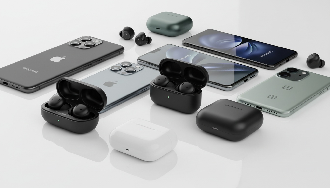 Various wireless earbuds and smartphones displayed together on white background, representing different translation app alternatives and device compatibility options.