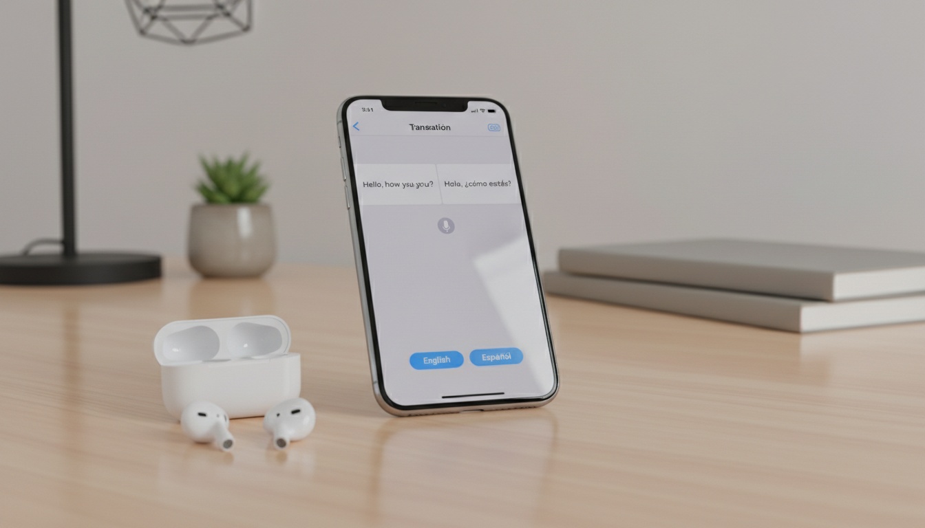 iPhone with translation app on screen next to wireless earbuds on a modern desk setup, representing real-time translation technology for travelers.