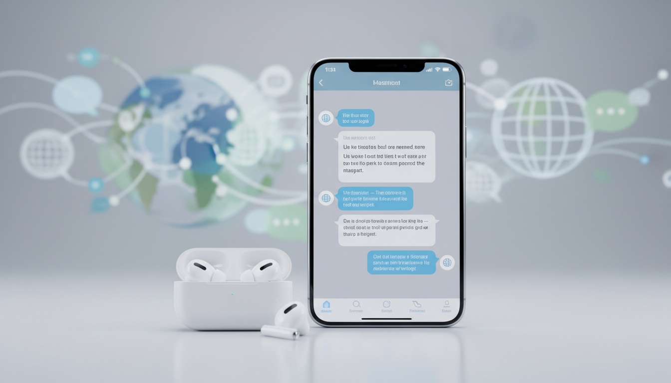 Apple AirPods Pro next to an iPhone showing a translation interface, representing real-time conversation translation technology concept.