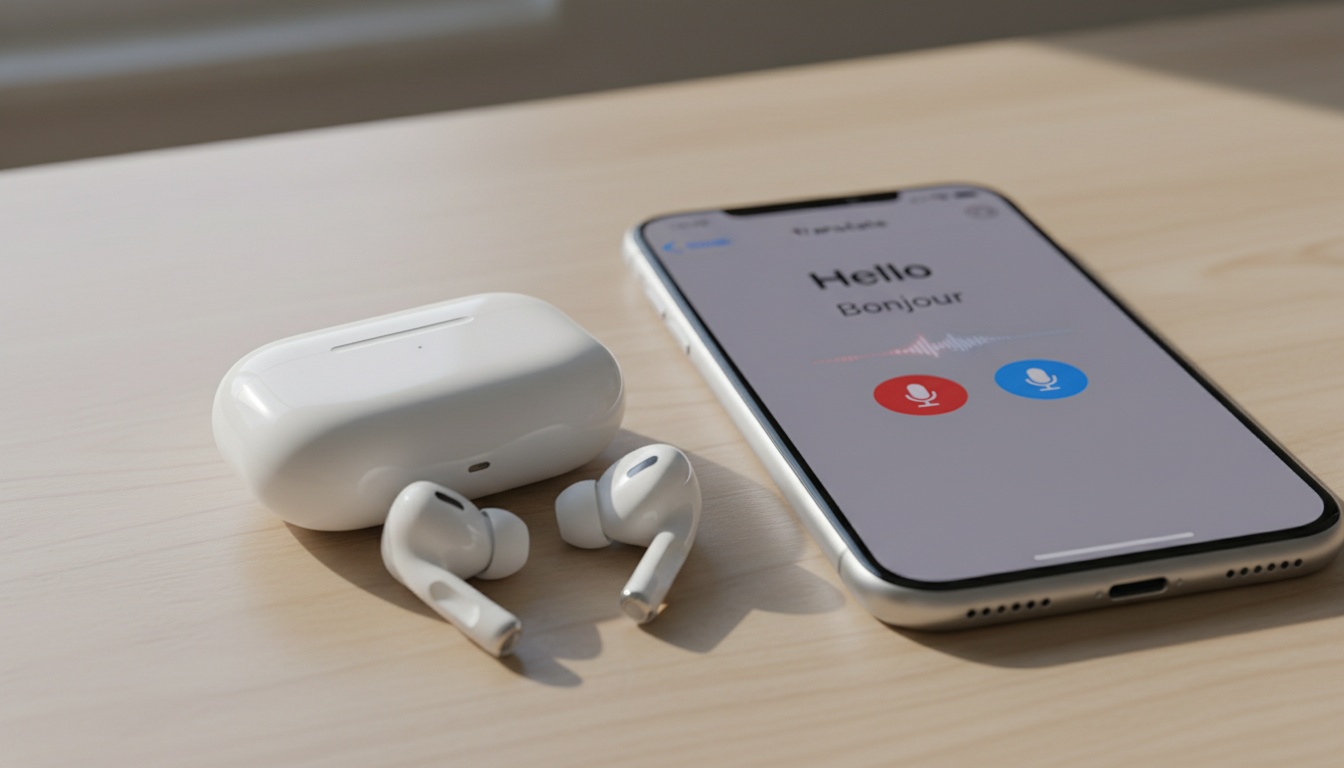 White AirPods Pro next to an iPhone showing the Translate app, representing real-time translation technology for travelers and language communication.
