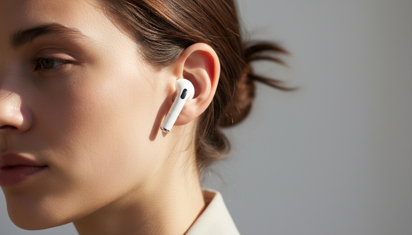 Close-up of white AirPods Pro earbuds inserted in ears against a neutral background, demonstrating proper fit for translation app usage.