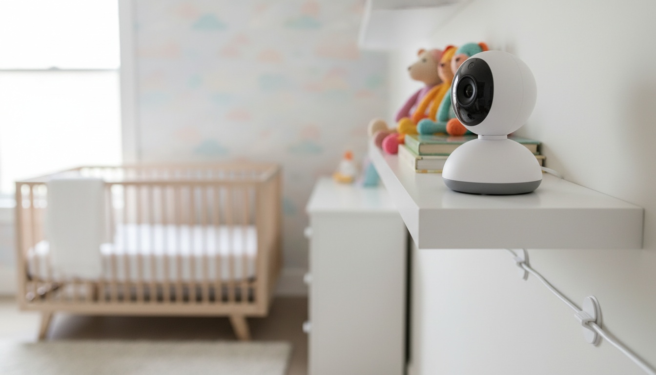 A baby monitor sits on a nursery shelf away from the crib, its cord secured neatly along the wall in soft natural light.