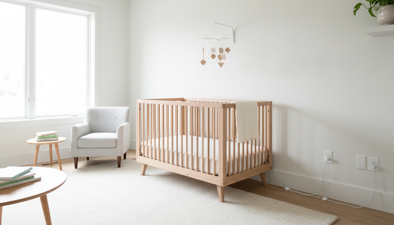 Bright nursery with a wooden crib placed well away from wall outlets, with power cords secured and kept out of a child's reach.