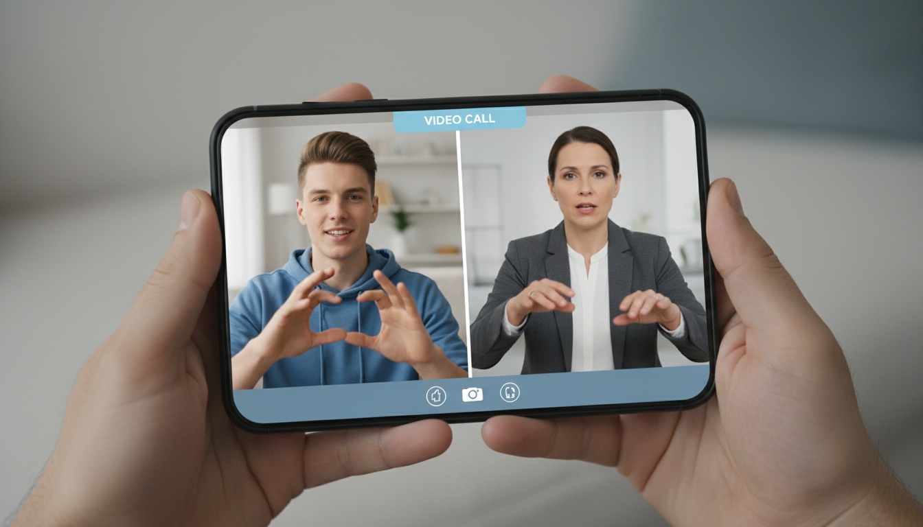 Smartphone em tela dividida mostrando usuário surdo sinalizando à esquerda e intérprete ao vivo à direita, demonstrando tecnologia de interpretação de ASL em vídeo em tempo real