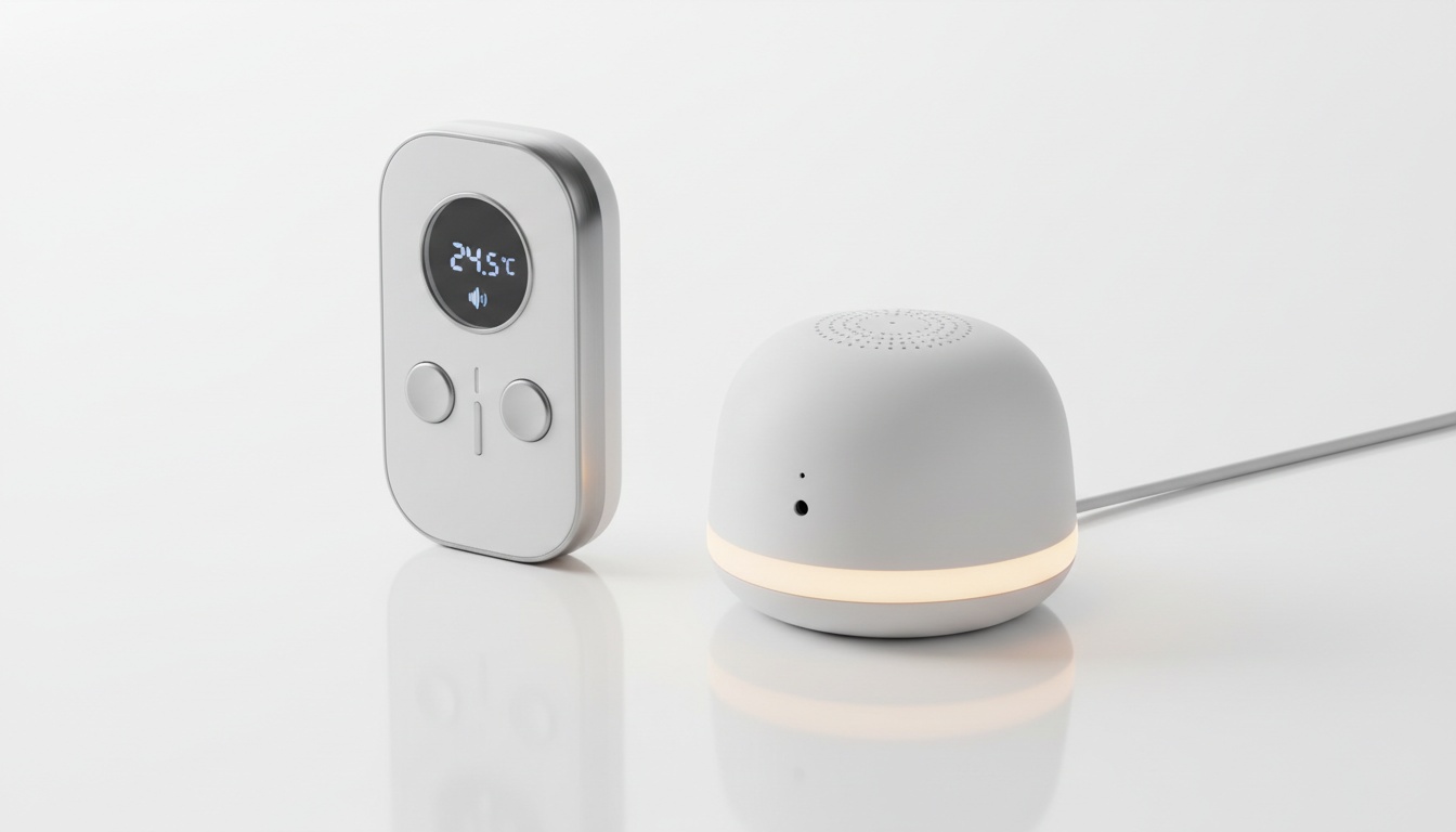 Two-piece audio baby monitor system featuring a compact parent unit and nursery receiver on a neutral background, demonstrating DECT technology device components.