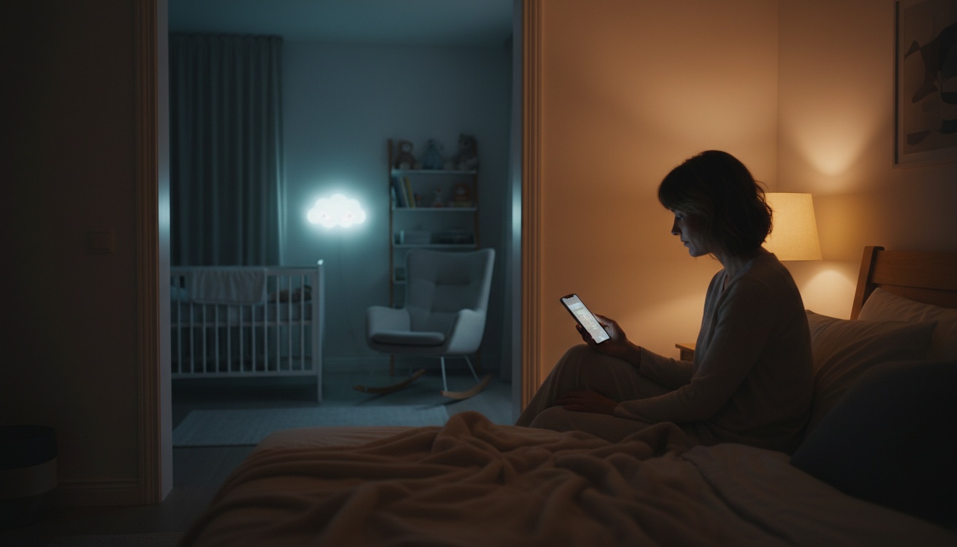 Parent viewing baby monitor app on smartphone beside sleeping child's crib in darkened bedroom at night