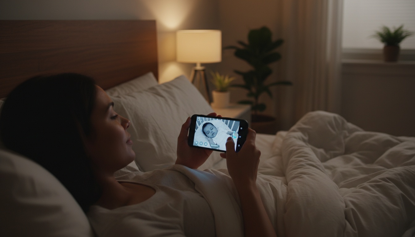 Parent in darkened bedroom viewing baby monitor app on smartphone, showing real-time infant monitoring with sound detection alerts displayed on screen.