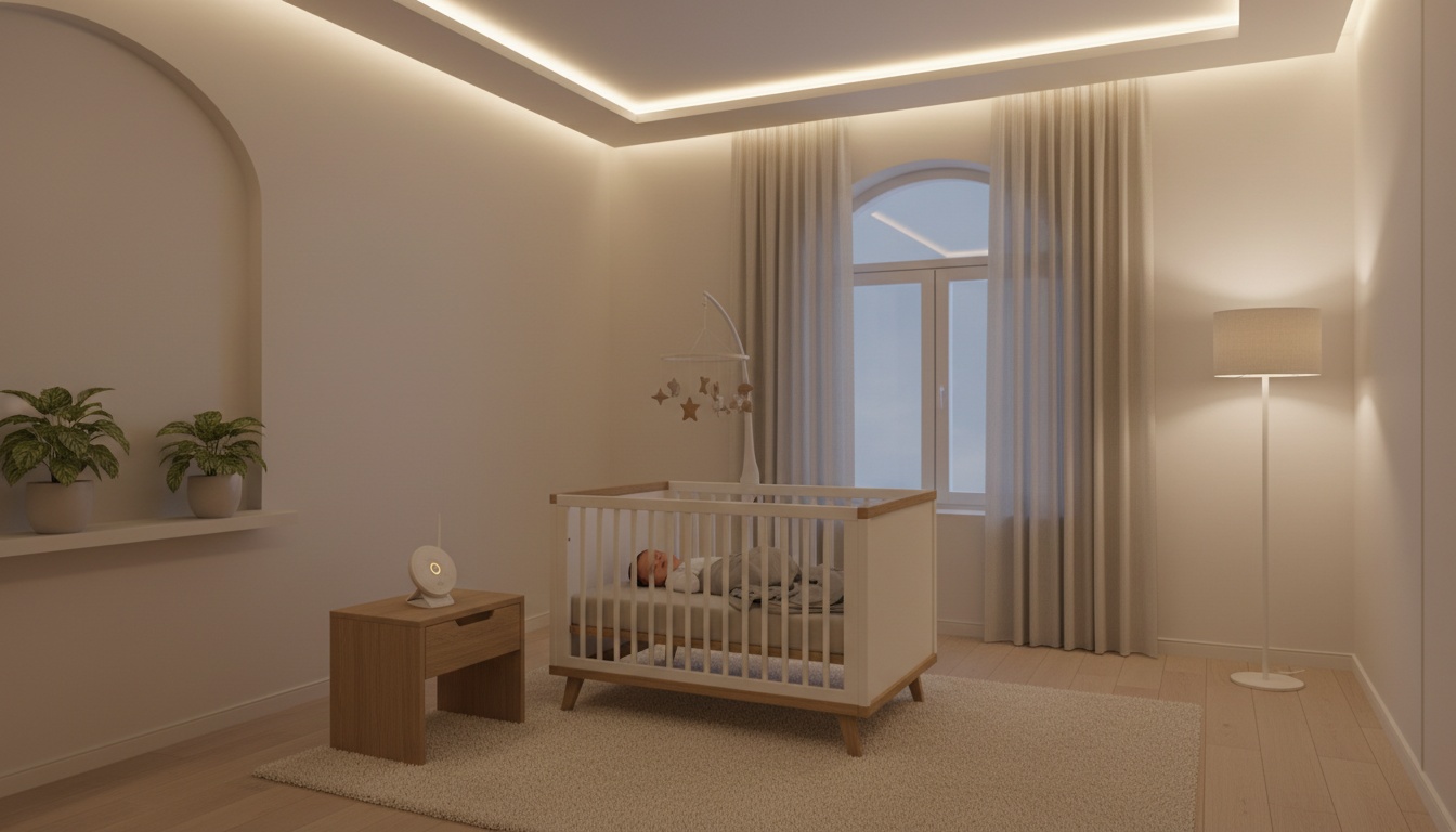 A serene nursery showing a sleeping baby with an audio-only monitor unit on the nightstand, emphasizing simplicity and screen-free parenting.