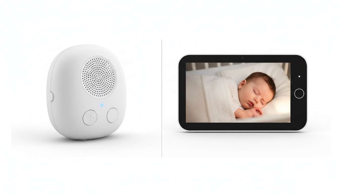 Side-by-side comparison of an audio baby monitor device and a video monitor screen displaying a baby, shot in professional product photography style.