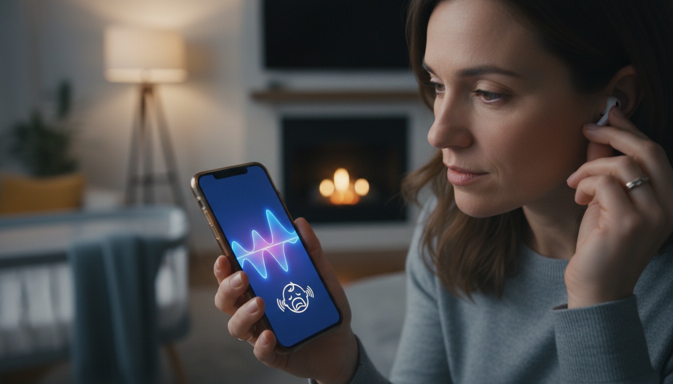 Parent viewing sound detection app on smartphone with acoustic wave patterns displayed while baby cries in background, demonstrating AI sound analysis technology.