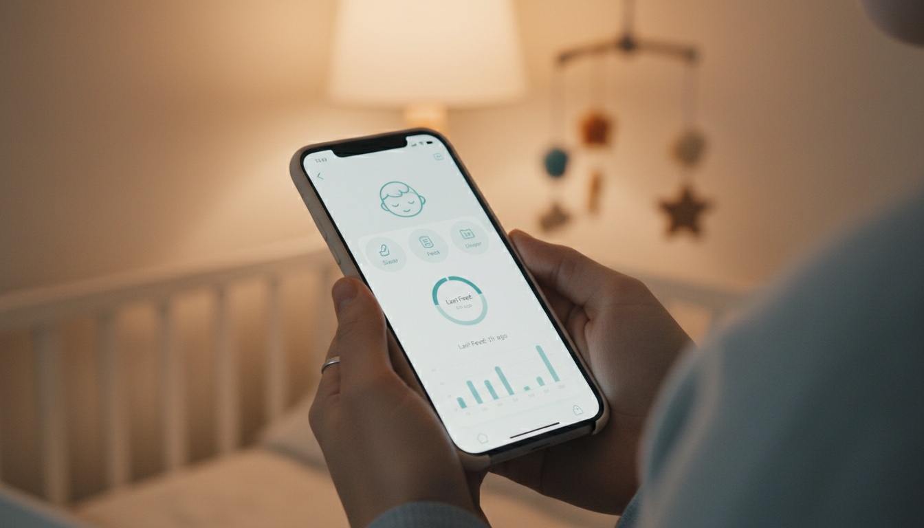 Parent viewing baby health monitoring app on smartphone in home setting, representing digital health technology for infant care.