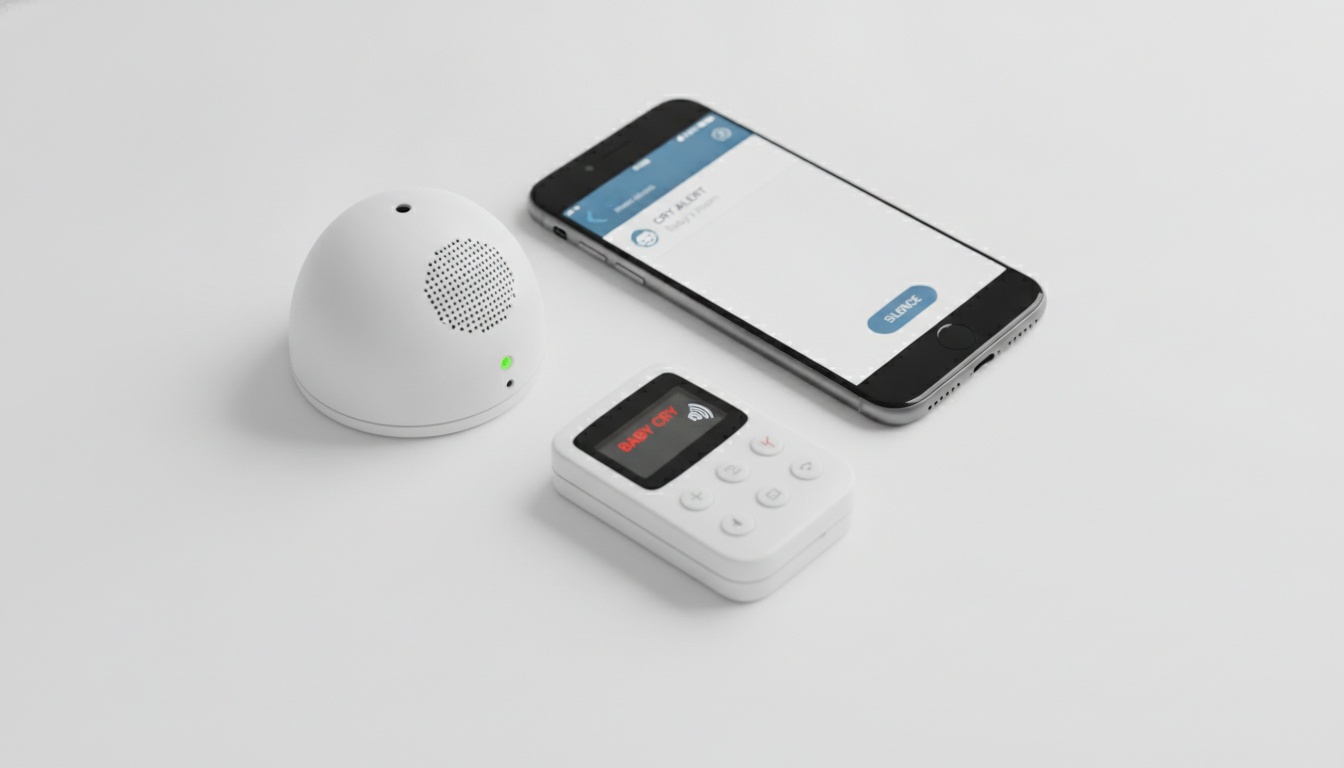 Flat-lay arrangement of baby monitor transmitter, pager receiver, and smartphone showing cry alert notification side by side.