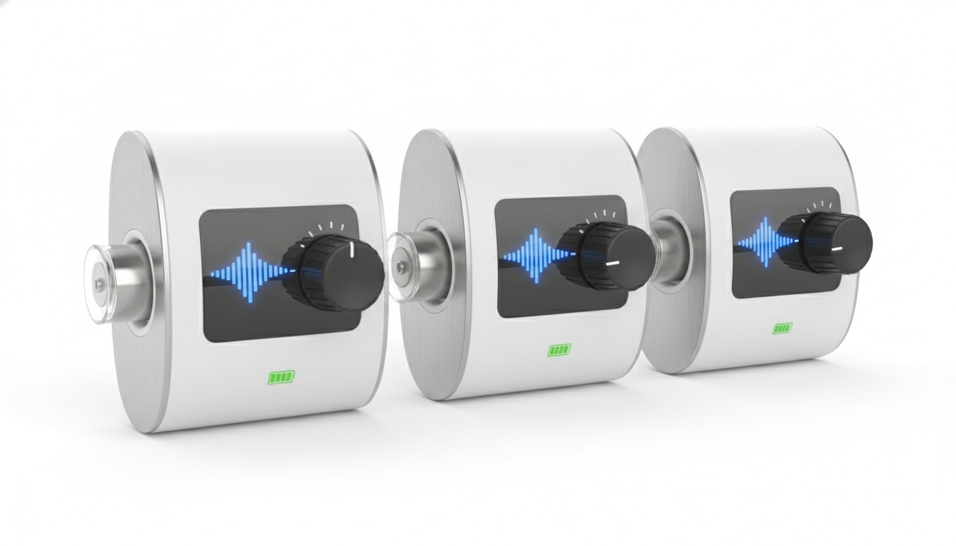 Three baby monitor receiver units displayed side-by-side highlighting key features like vibration motors, LED indicators, control dials, and battery status displays.