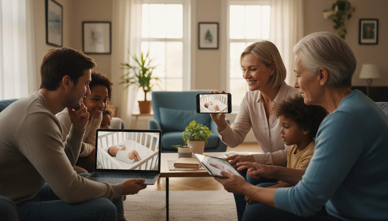 Multiple caregivers viewing a baby monitor on different devices at the same time, representing multi-user access for modern families.