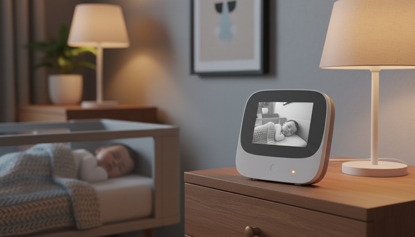 Modern Wi-Fi baby monitor displayed on a bedroom nightstand near a sleeping baby, illustrating connected home security technology.