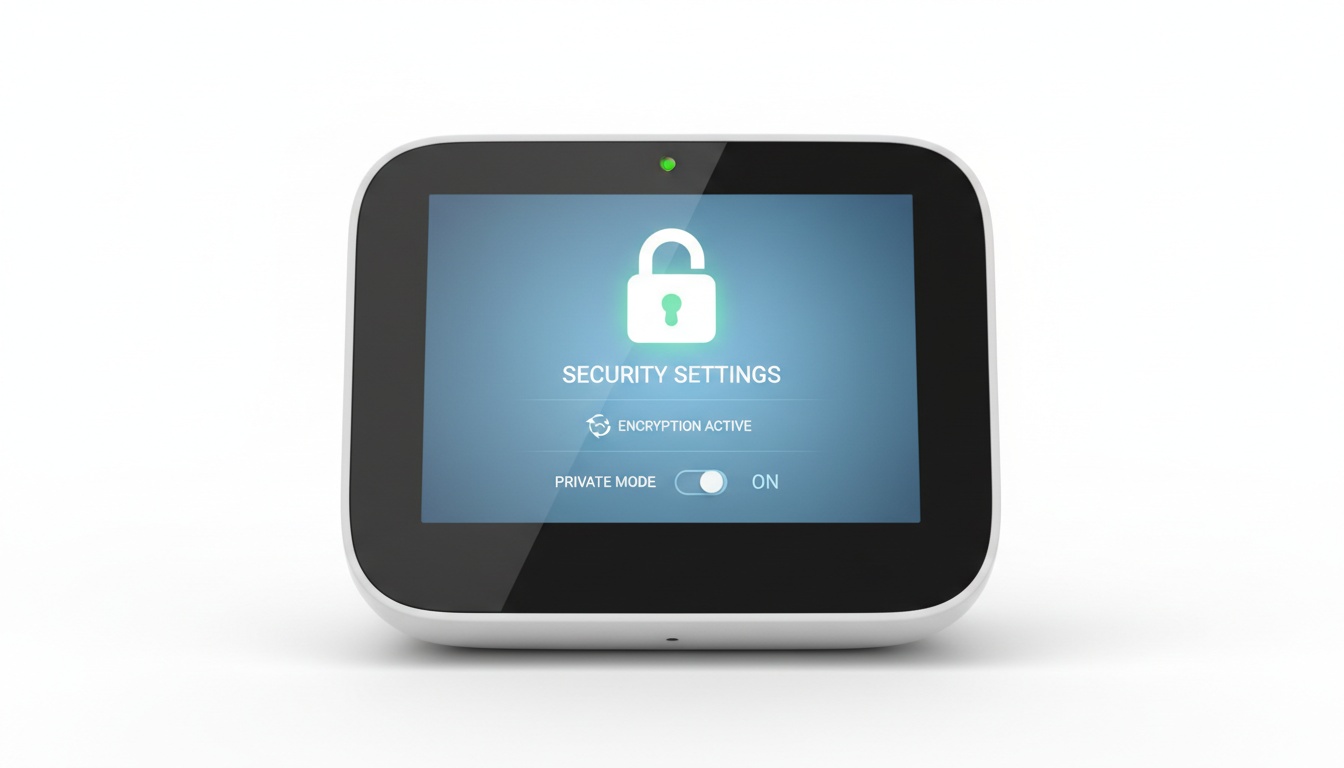 Close-up of a baby monitor screen showing security settings and encryption options, representing digital privacy protection for infant monitoring devices.