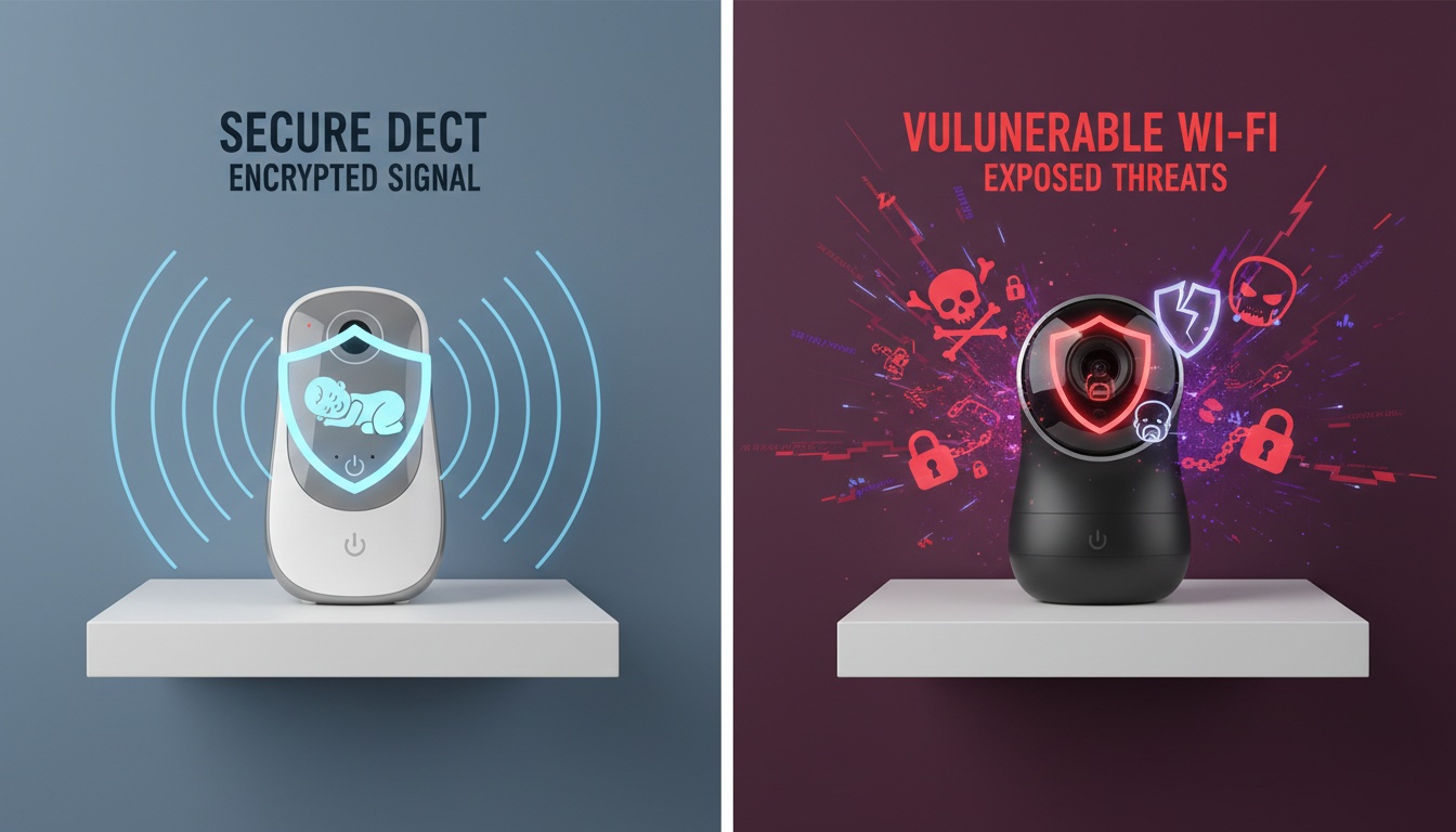 Side-by-side comparison of a secure DECT baby monitor versus a vulnerable Wi-Fi-enabled monitor with visual indicators of security differences.