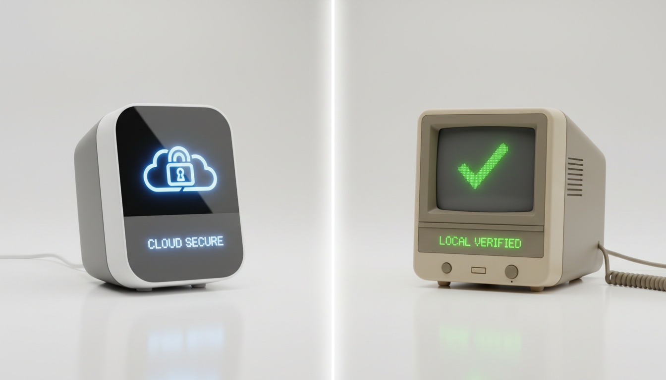 Side-by-side comparison of WiFi-enabled baby monitor with security warning symbols versus traditional closed-circuit monitor with approval checkmark.