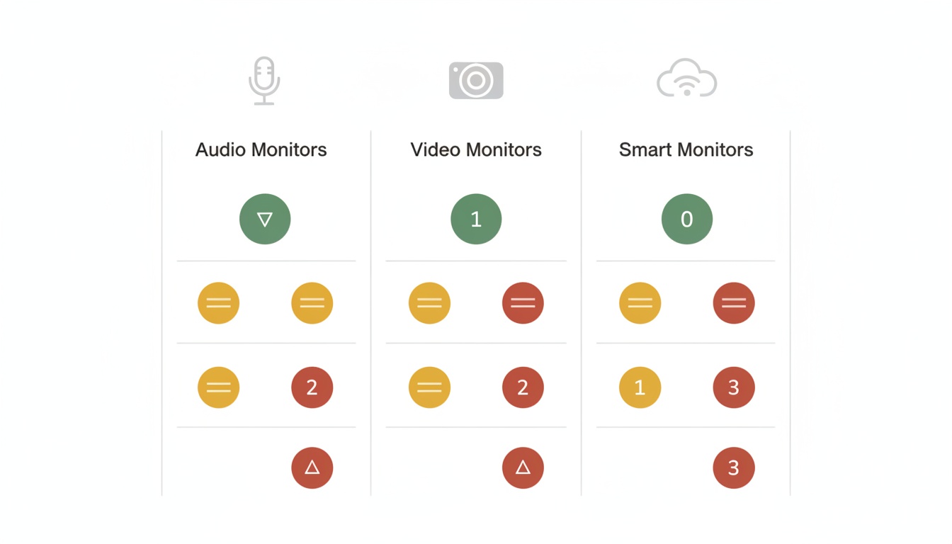 Visual comparison card displaying three baby monitor categories with color-coded safety ratings and monitor icons representing different privacy protection levels.