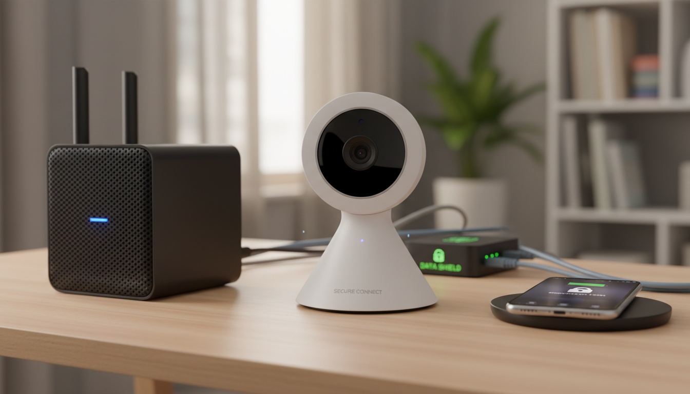 A Wi-Fi baby monitor displayed on a desk next to a router and smartphone, representing connected home security devices.