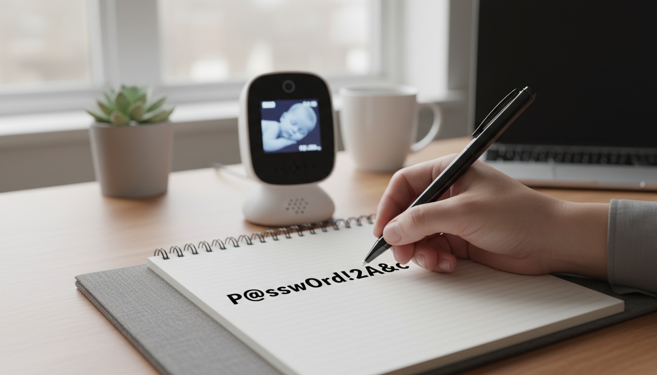 Parent's hand writing a secure password in a notebook beside a baby monitor on a desk, representing credential security setup.