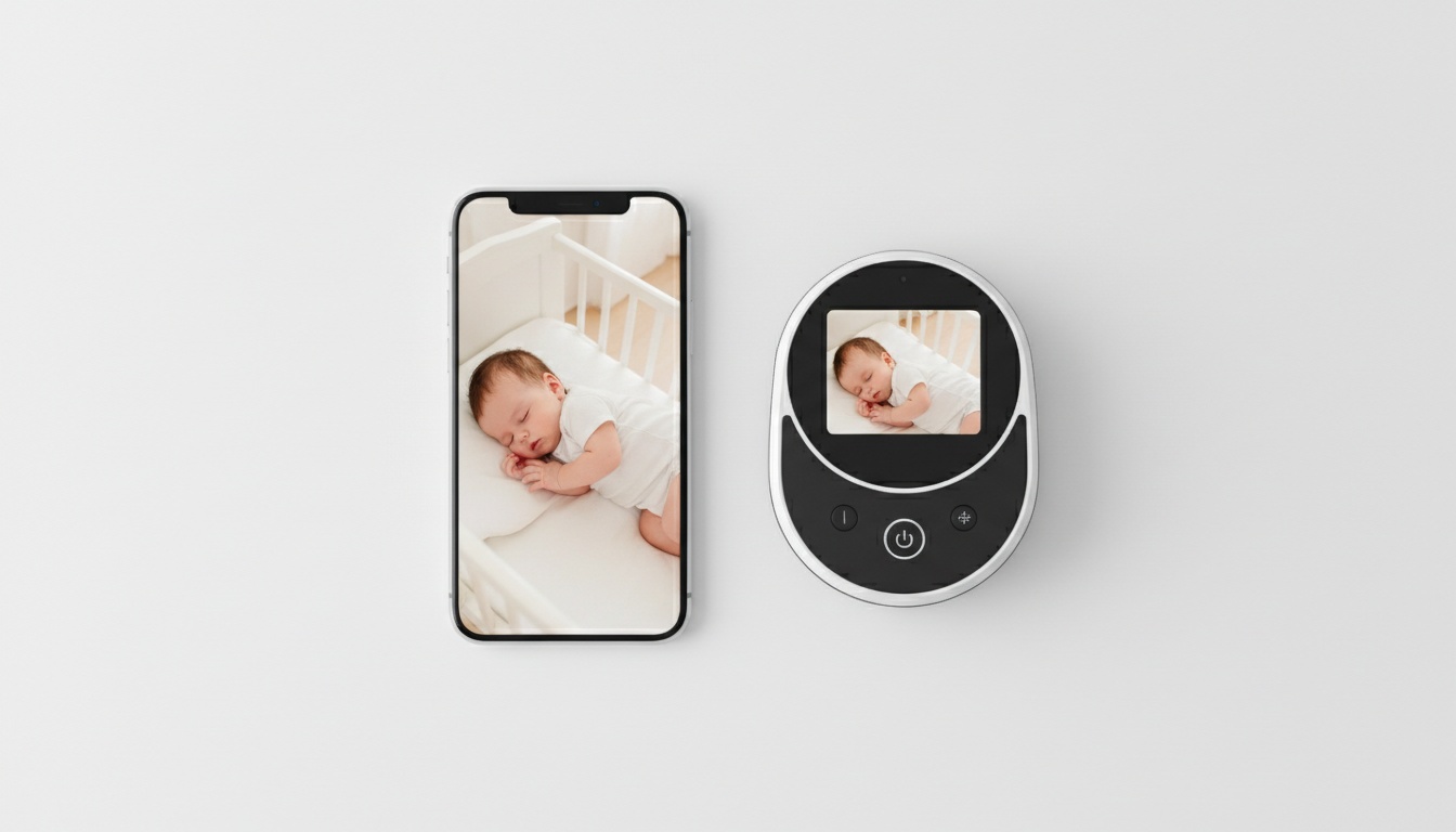 Smartphone showing baby monitor app feed positioned beside a hybrid monitor device on a white background, demonstrating phone and device-based monitoring options