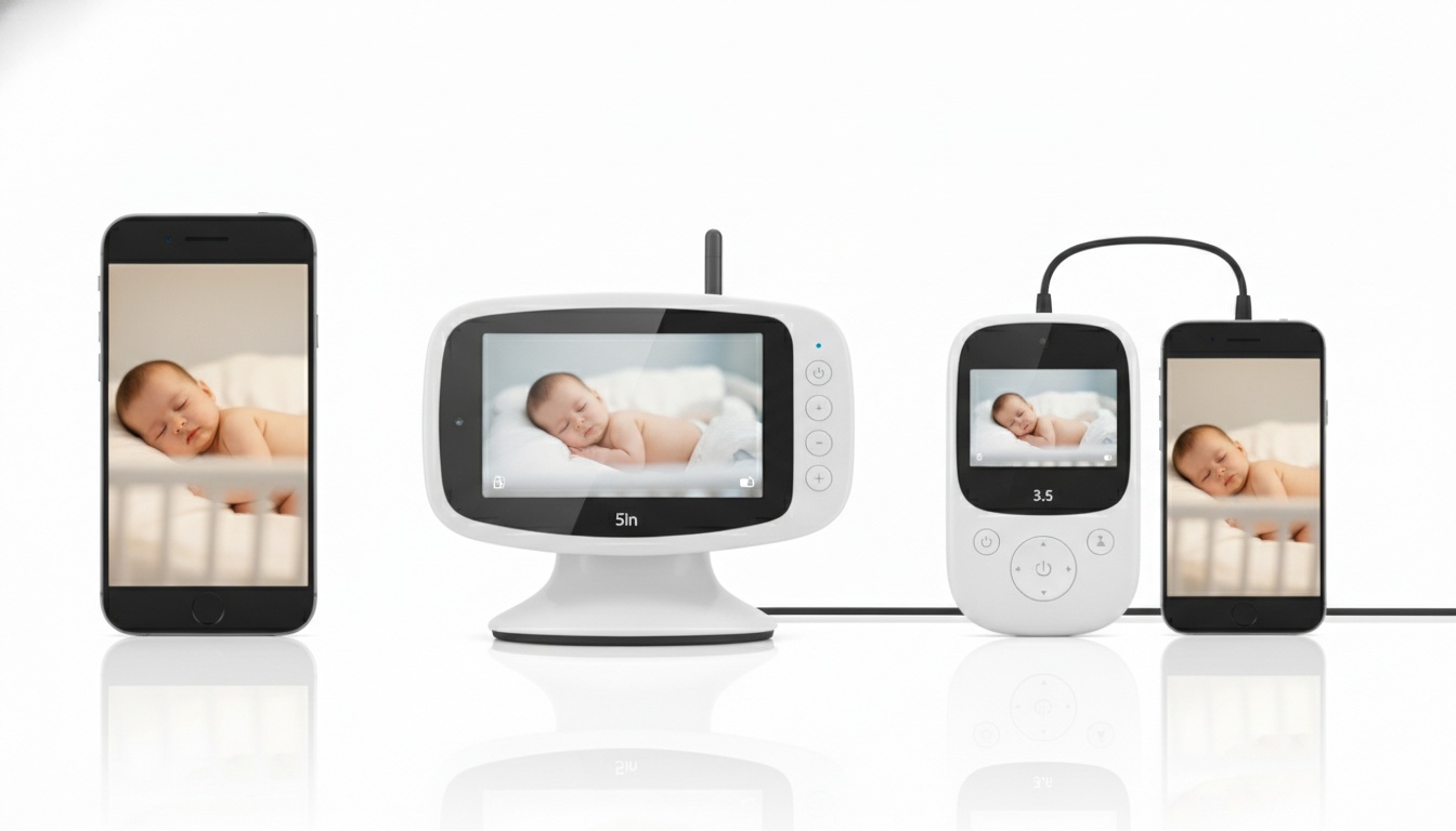 Three baby monitor types displayed together: phone-based monitor, dedicated screen unit, and hybrid monitor system with parent unit and smartphone app.