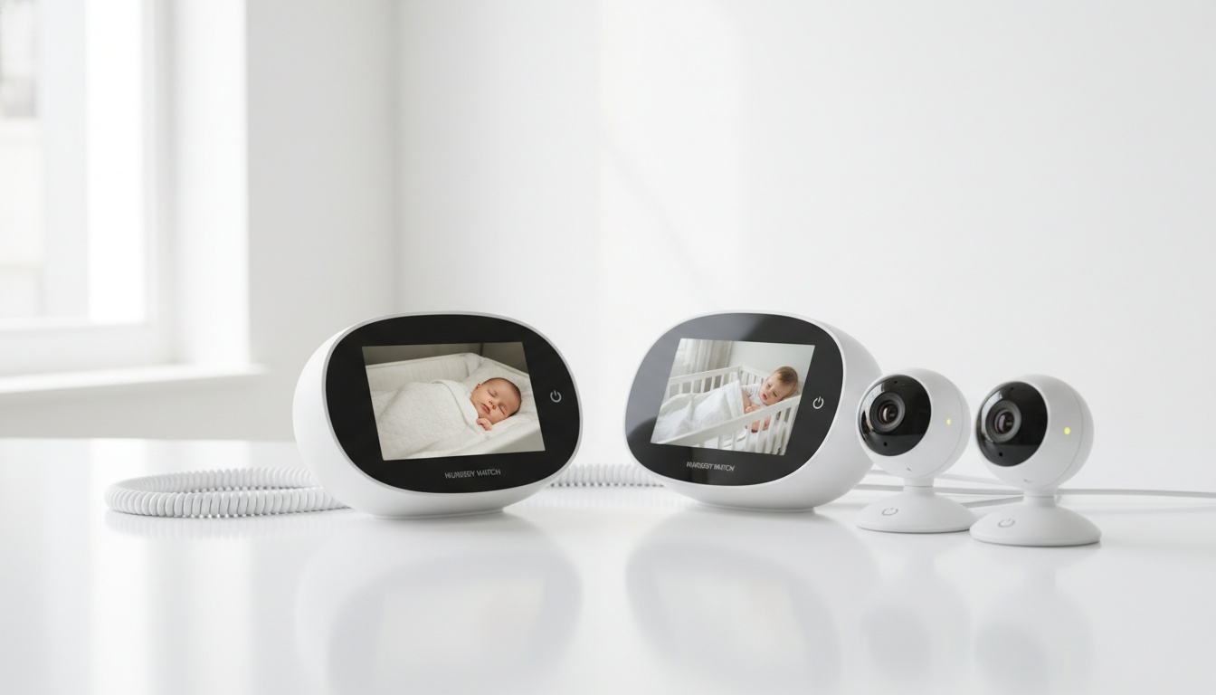 Two non-WiFi baby monitors with illuminated screens showing nursery feeds, arranged on a bright white surface with soft professional lighting.