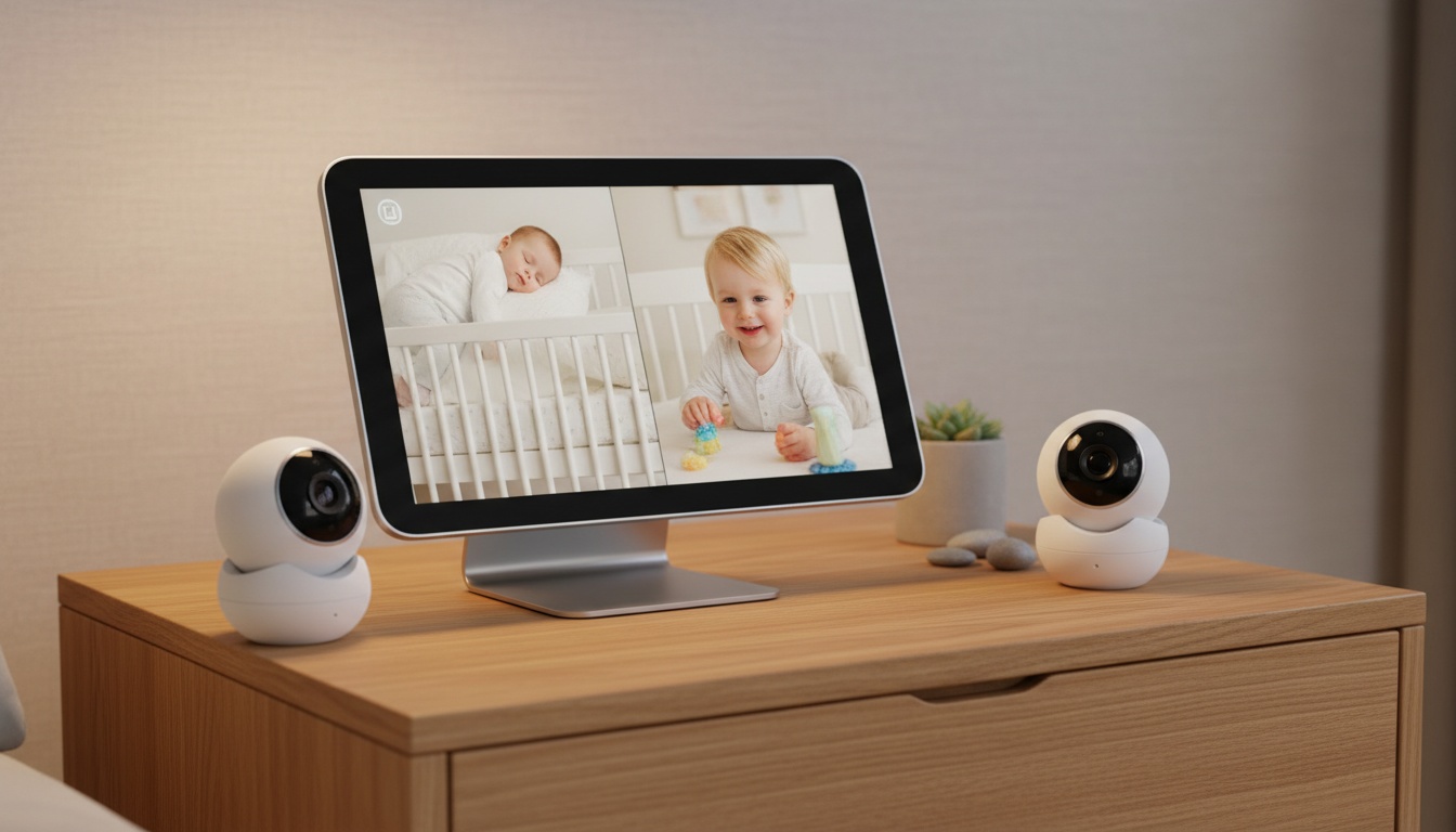 Digital baby monitor with large display screen and dual cameras positioned on a bedside table in a modern nursery setting.