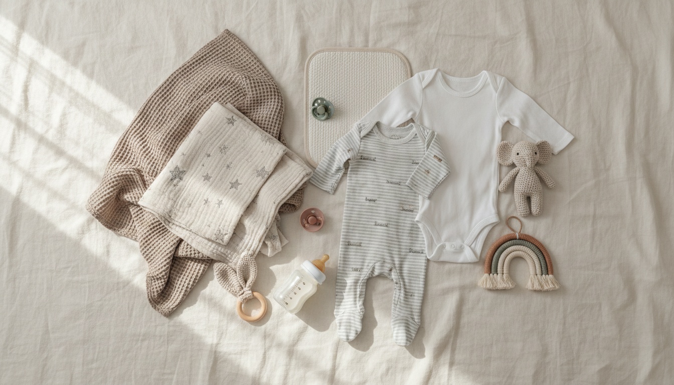 Organized collection of essential baby gear and clothing items neatly arranged on soft neutral fabric, representing newborn registry necessities.