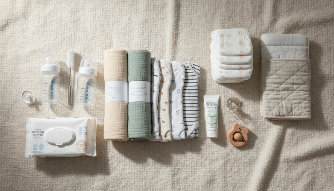 Organized newborn baby items including swaddles, clothing, bottles, and diapering supplies arranged on a neutral surface for registry planning.