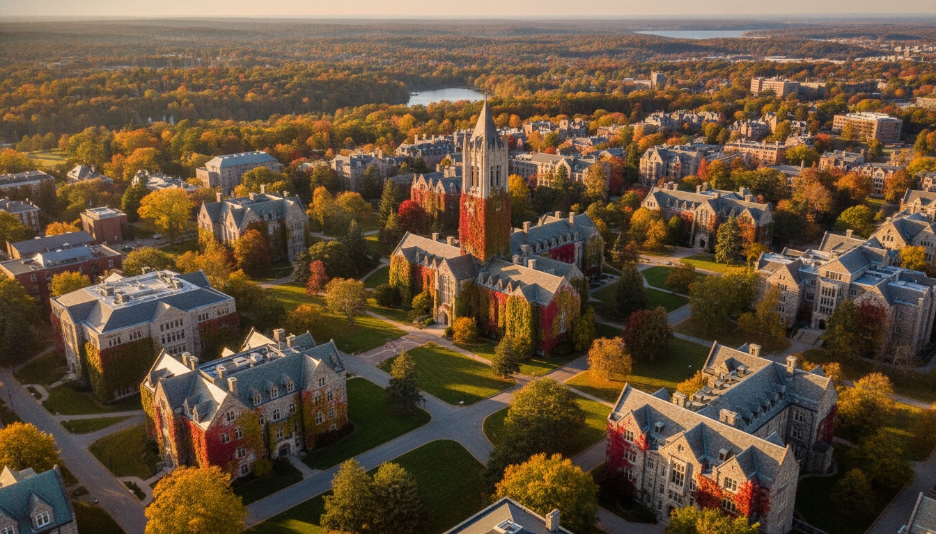 Aerial view of Cornell University's historic Ithaca campus with ivy-covered buildings and autumn foliage, representing an elite Ivy League institution.