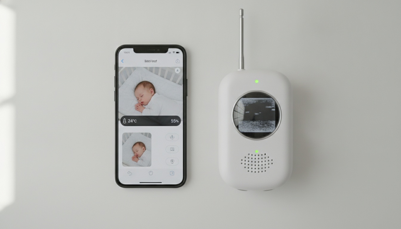 Smartphone showing baby monitor app next to traditional monitor device, comparing modern app-based monitoring versus dedicated hardware solutions.