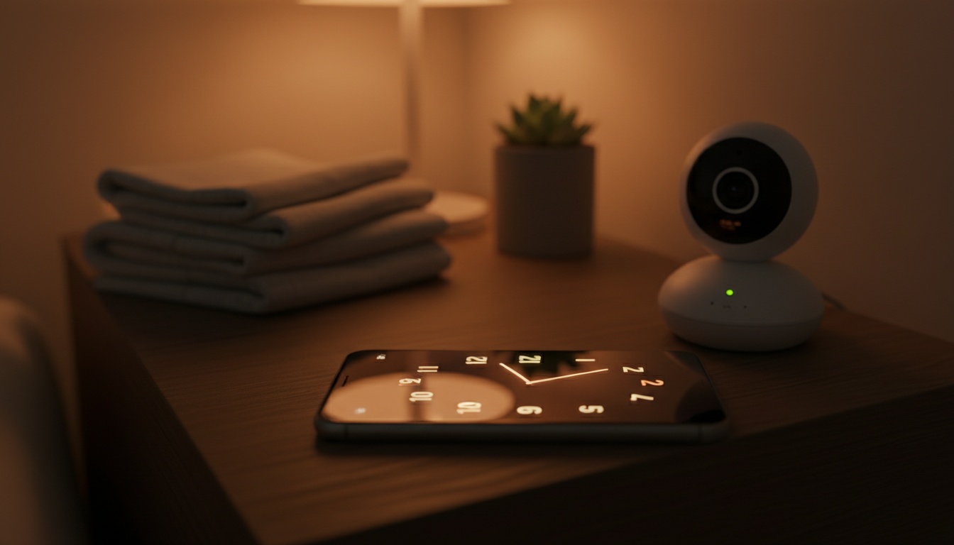 A smartphone displaying a baby monitor app sits on a nightstand beside a sleeping infant in soft ambient lighting.